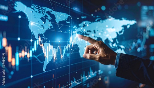 Stock market trading chart and analyzing investment opportunity. Broker touching stock exchange price graphs.
