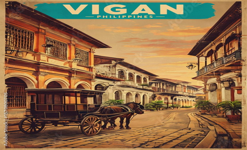 
Vigan Street Illustration with Sunset Sky – Vintage Travel Poster