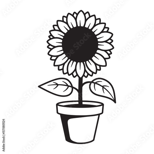 Black and white illustration of a sunflower in a pot suitable for various design projects