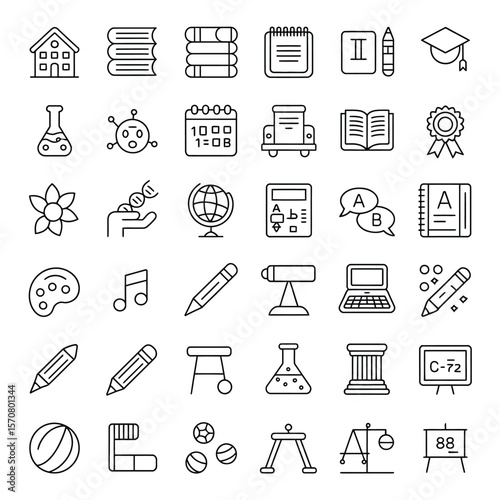 Thirty Six Black Linear Icons Illustrating Educational Objects School Supplies Scientific Instruments Musical Notes and Sports Equipment on White Background