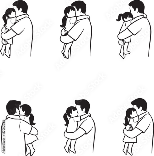 Father and child love sketch vector, emotional childhood memories drawing, World Kids Hug Day concept, heartwarming dad and kid hug illustration, family bonding art for Father's Day and parenting.