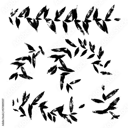 set of lines with leaves of poorly printed texture, with worn-out print, with scuffs. Vector illustration of collection of lines with branches. Template for notebooks, sketchbooks as main page. Black