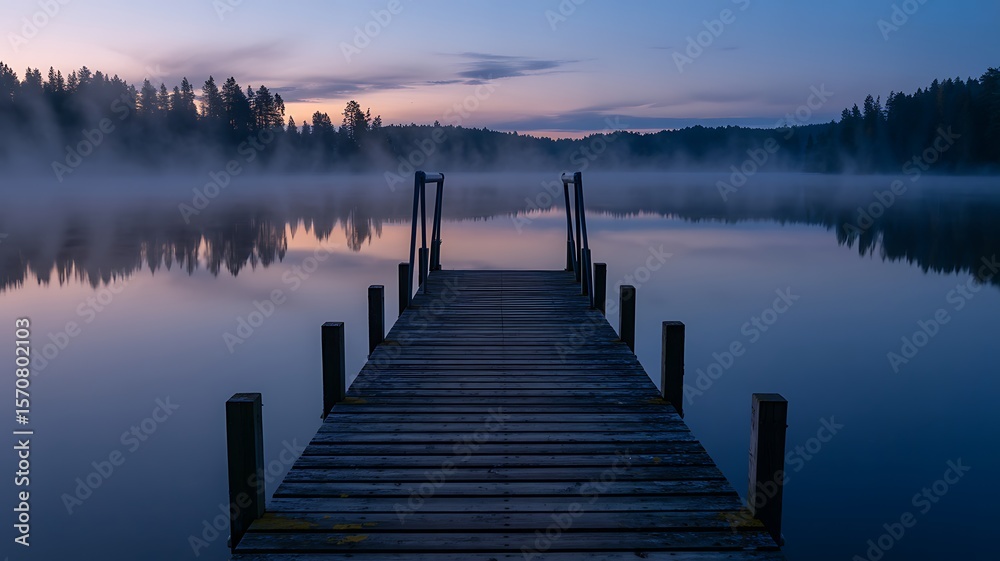 Fototapeta premium Wooden pier on a misty lake at dawn with pine forest reflection