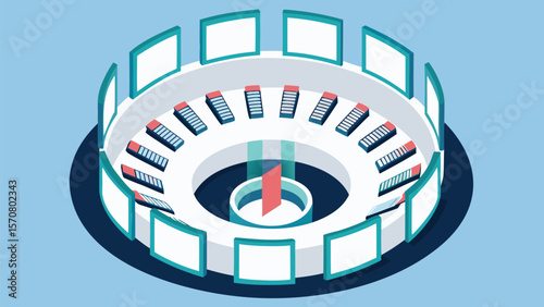 Isometric illustration of a circular room with screens and devices arranged around a central pillar
