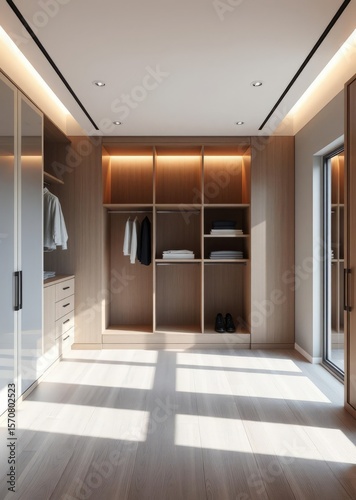 Ai generative 3d render of interior design of walk in closet with wardrobe open and closed in modern minimalist style 14 Empty room interior design architecture blank design room