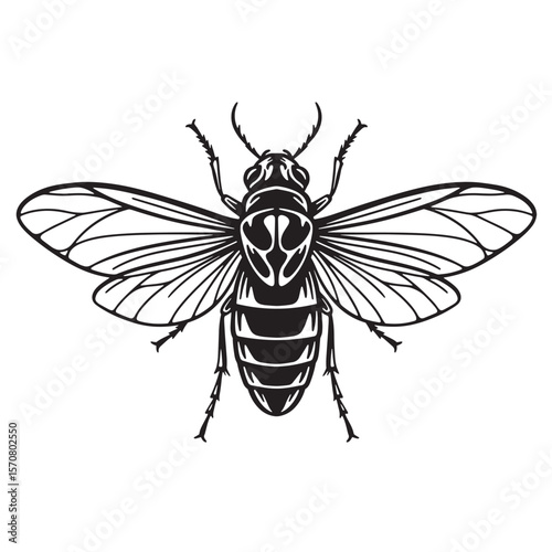 Detailed black and white illustration of a wasp with extended wings and intricate details