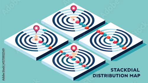 Isometric view of four stackdial distribution maps with markers and colored indicators shown