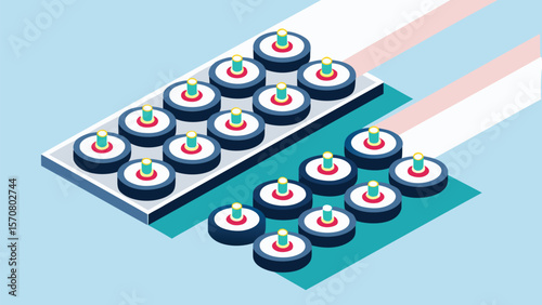 Isometric view of two platforms with multiple round objects on a light blue background scene design
