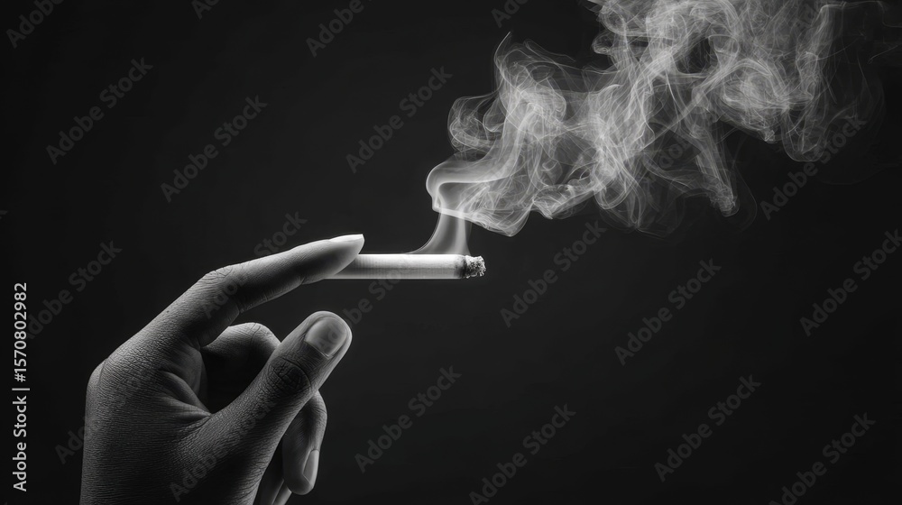 Fototapeta premium Cigarette smoking in hand dark setting health implications atmospheric environment upward smoke drift concept