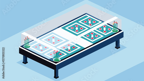Isometric display case with square patterns and floral accents on a light blue background scene