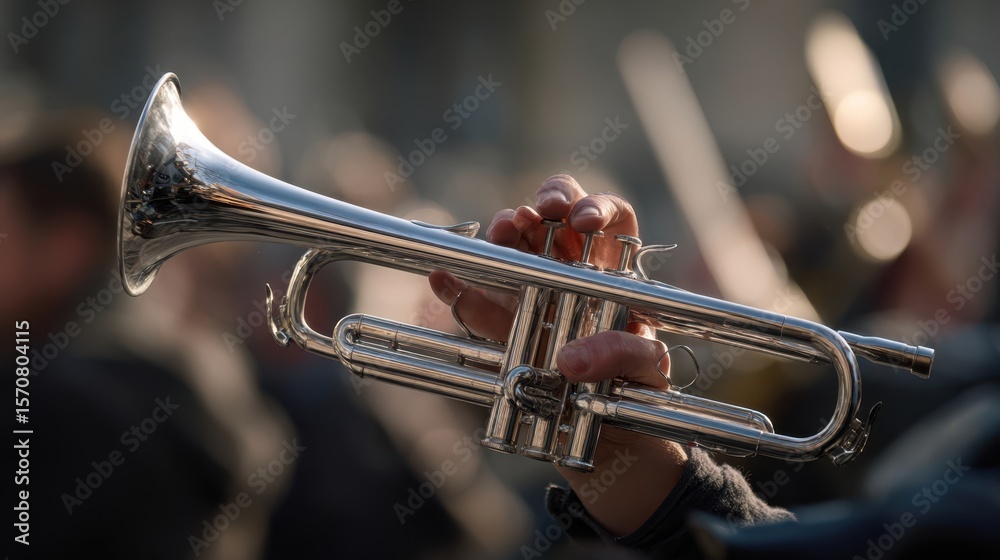 Obraz premium The gleaming trumpet held by a passionate musician during a vibrant performance.