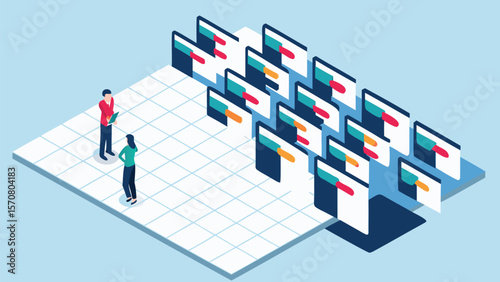 Isometric illustration of two people standing near a grid and multiple website displays shown