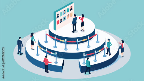 Isometric view of people on tiered platform viewing portraits behind velvet ropes and metal stanchions