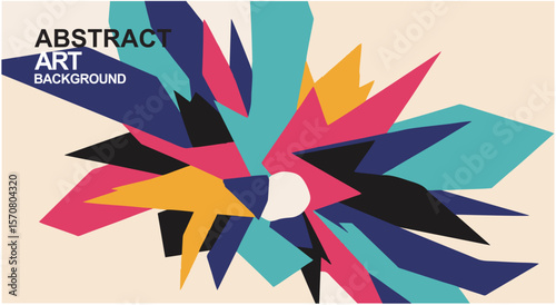 Abstract colorful background with geometric star, arrow, and triangle shapes creating a dynamic pattern, perfect for modern web and business designs