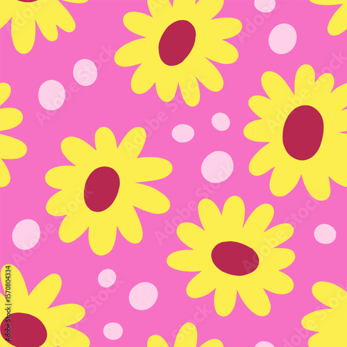 Seamless floral pattern. Endless background design, flowers in retro groovy s...