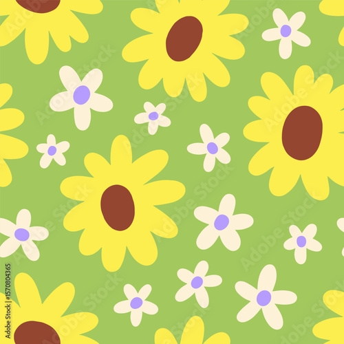 Seamless floral pattern with sunflowers and daisies. Endless background, repeating print design with blooming flowers, summer nature in doodle groovy trippy style. Colored flat vector illustration
