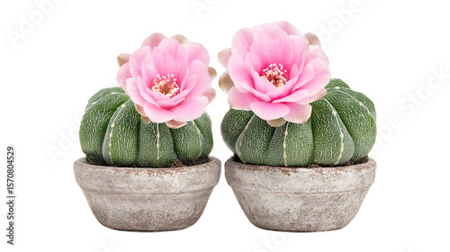 Two Pink Flowering Cacti In Gray Pots On Transparent Background