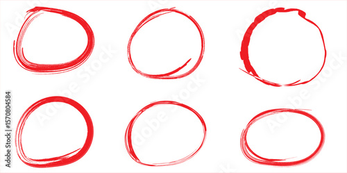 Set of 6 red hand-drawn circles in rough marker style  bold sketchy round shapes for annotation emphasis highlights or UI selection elements in infographic and visual design on  tranparent background