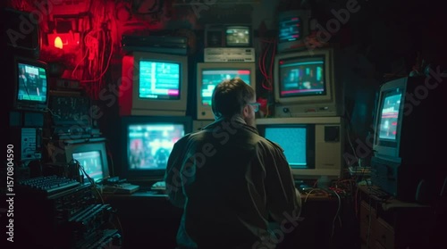 Man Surrounded by CRT Monitors in Retro Surveillance Room