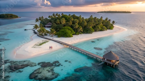 Aerial View of Tropical Island Paradise at Sunset with Couple Walking on White Sandy Beach and Overwater Bungalow