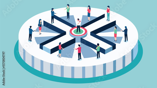 Isometric view of people standing on a segmented platform around a central target area design concept