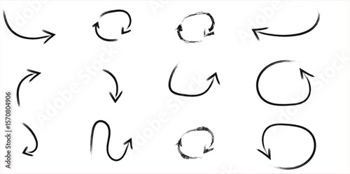 Set of 12 black hand-drawn arrows in looped, circular, and curved styles – sketchy brushstroke icons for repeat, rotate, reload, undo, or direction cues in UI or infographic design on white background