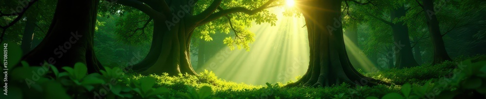 Fototapeta premium Sunlight filtering through canopy, vibrant green ecosystem, photography, old growth