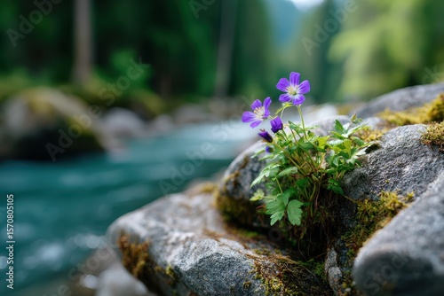 Bright purple flowers bloom on rocks beside a rushing river in a serene forest setting