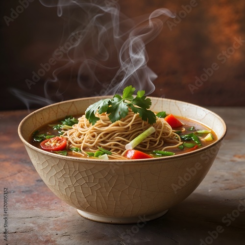 Nepali thukpa noodle soup in ceramic bowl