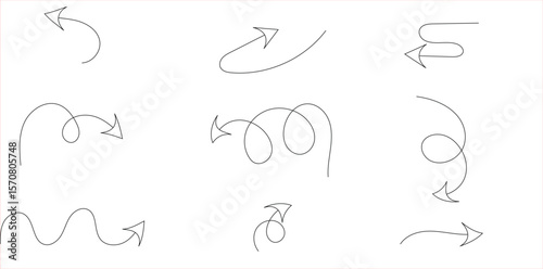 Set of 9 light grey hand-drawn arrows in spiral, looped, and curvy styles – soft sketch marker strokes for motion, direction, or minimal UI annotation elements on white background

