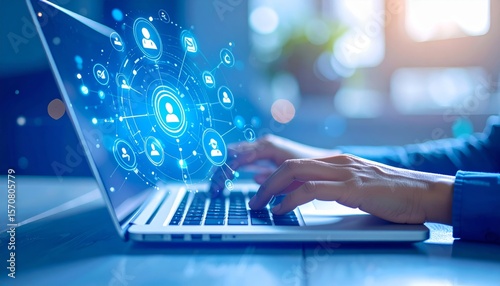 Target market or audience. Marketing segmentation strategy and analysis. Marketer using laptop computer to research customer data.