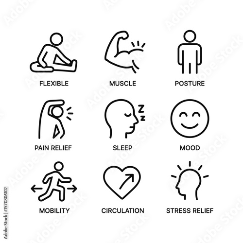 Stretching exercise vector icon set. Outline symbols. Line design