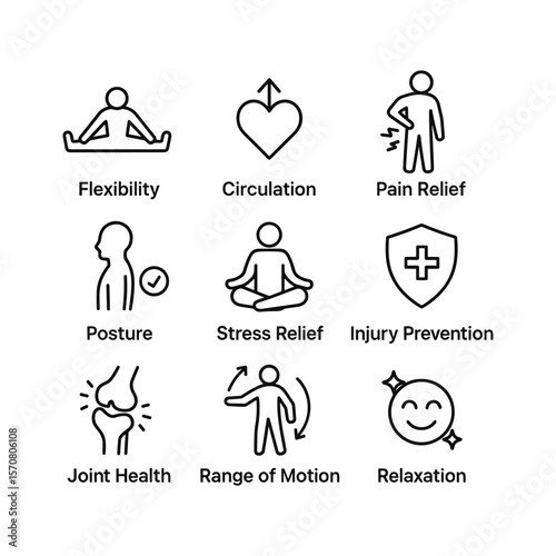 Stretching benefits and flexibility vector icons. Outline symbols. Line design