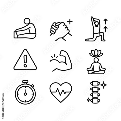 Stretching exercises icon collection. Outline symbols. Line design