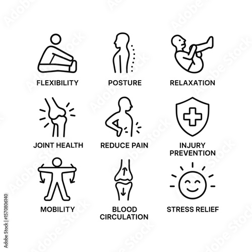 Yoga and stretching vector icon collection. Outline symbols. Line design