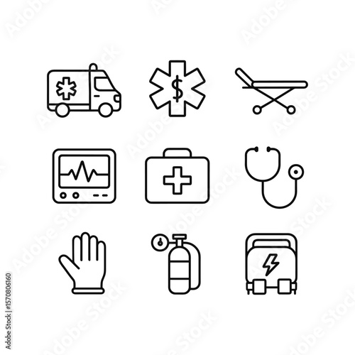 Emergency medical equipment icons. Outline symbols. Line design