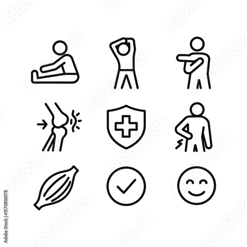 Physical therapy stretching icons. Outline symbols. Line design