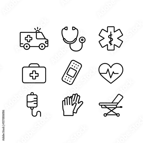 Paramedic equipment vector icons. Outline symbols. Line design