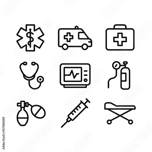 First aid medical equipment icons. Outline symbols. Line design