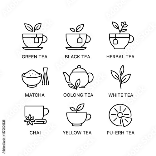 Tea ceremony brewing culture vector icons. Outline symbols. Line design