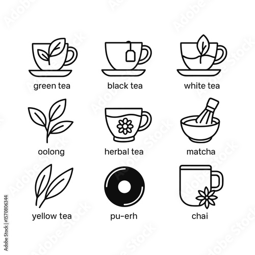 Tea preparation serving accessories vector icons. Outline symbols. Line design