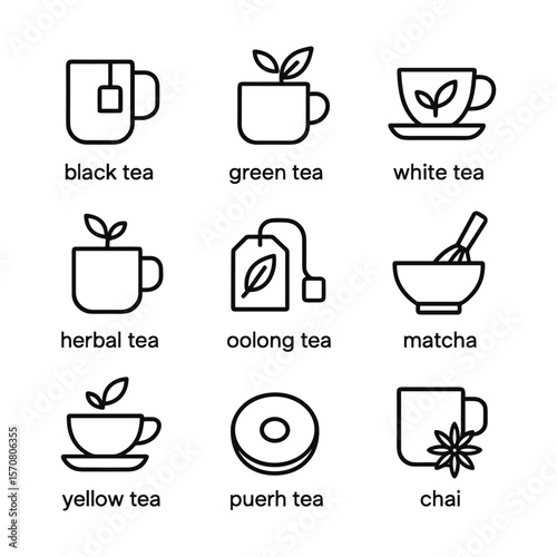 Traditional tea brewing equipment vector icons. Outline symbols. Line design