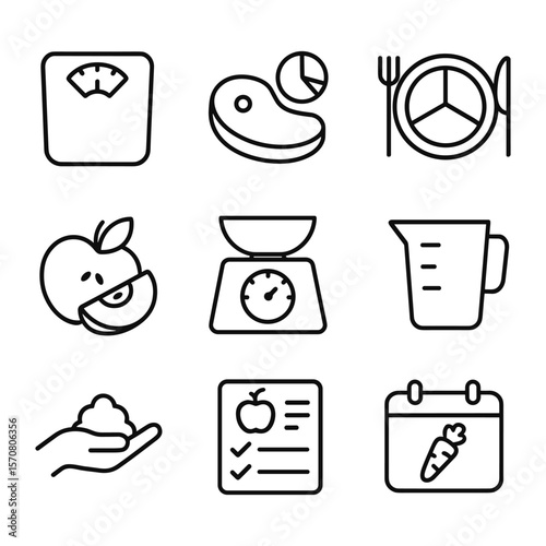 Technology and portion control vector icons. Outline symbols. Line design