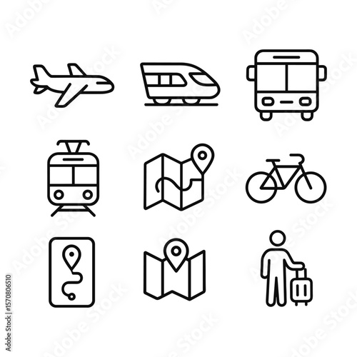 Multimodal trip vector icon collection. Outline symbols. Line design