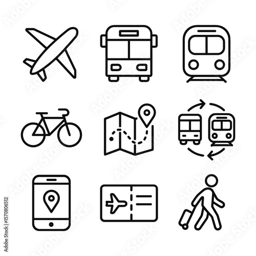 Multimodal trip vector icon set. Outline symbols. Line design