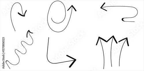 Collection of 7 black hand-drawn arrows in wavy, curved, and spiral forms – abstract sketch marker strokes for direction, motion, flow, or creative UI annotations on white background

