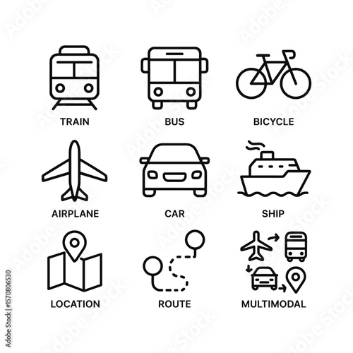 Transportation vector icon set. Outline symbols. Line design
