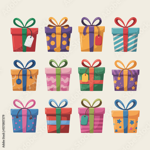 Twelve Colorful Cartoon Gift Boxes with Ribbons and Tags a Collection of Wrapped Presents in Various Patterns and Colors Perfect for Festive Designs and Celebrations