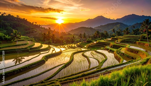 Golden hour over stunning terraced rice paddies in Bali. Beautiful agricultural landscape reflection