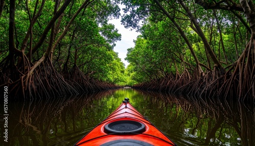 Kayaking through a serene mangrove forest waterway with calm reflections. Unique ecosystem exploration